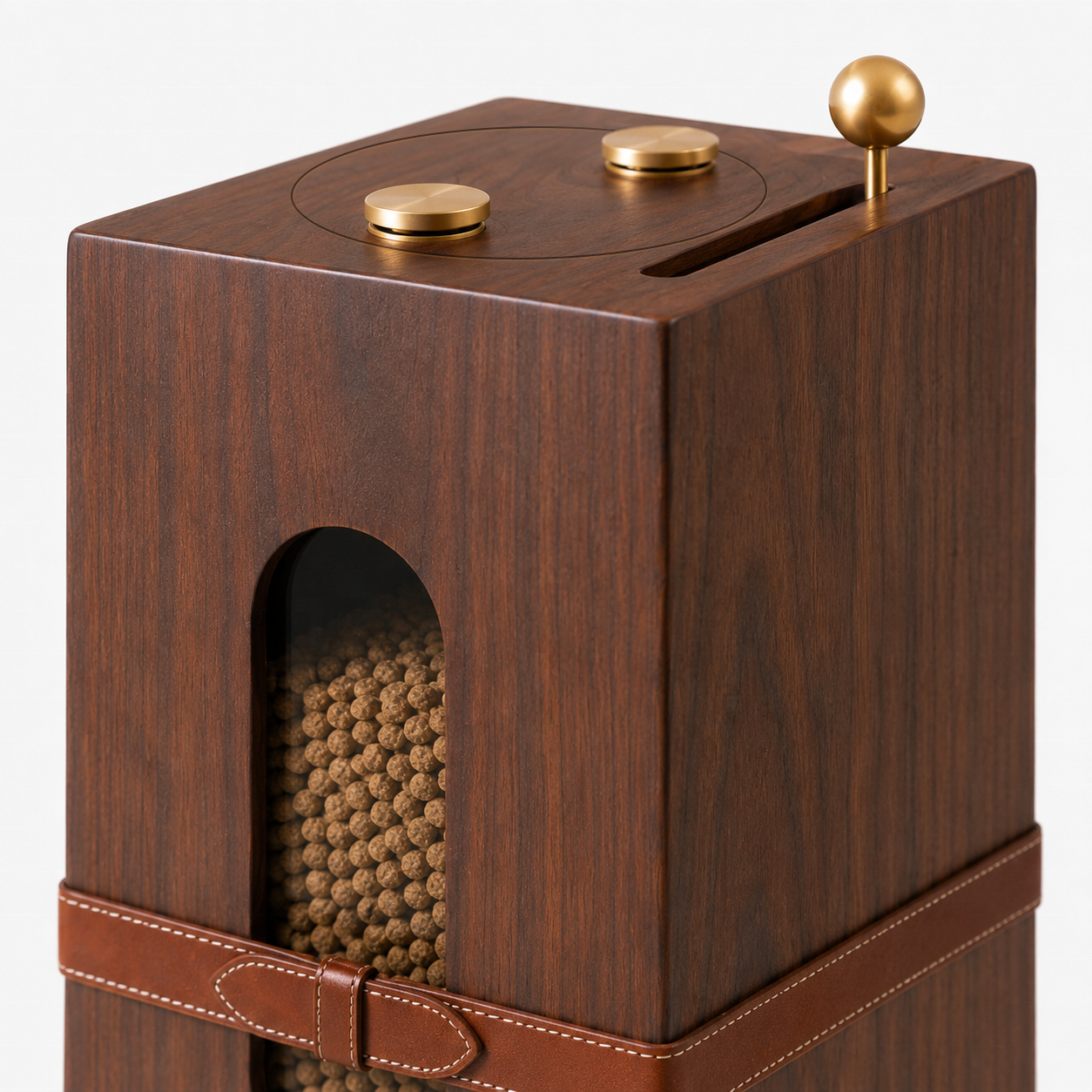 Modern Luxury Wooden Pet Feeder Cabinet with Food Storage | Walnut Pet Furniture | Leather Strap Decor | OEM Custom