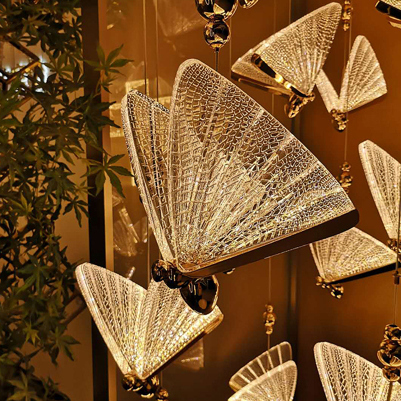 Acrylic Led Hanging Lamps Gold Transparency Butterfly Pendant Light Staircase Ceiling Chandelier