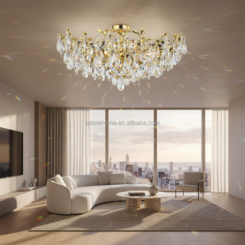 Modern Luxury K9 Crystal Ceiling Light Gold Flush Mount Chandelier For Living Room Villa Majlis Hotel CE UL SAA Certified