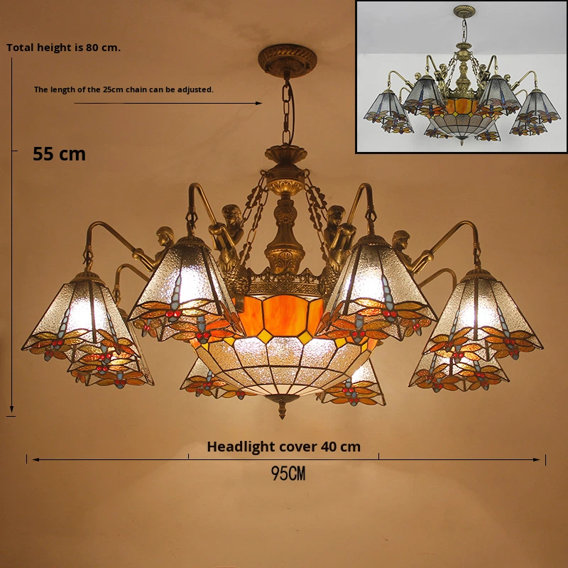 European Style Dragonfly Pastoral Tiffany Large Living Room Multi-head Chandelier Hotel Restaurant Villa Study Club Dimmable LED