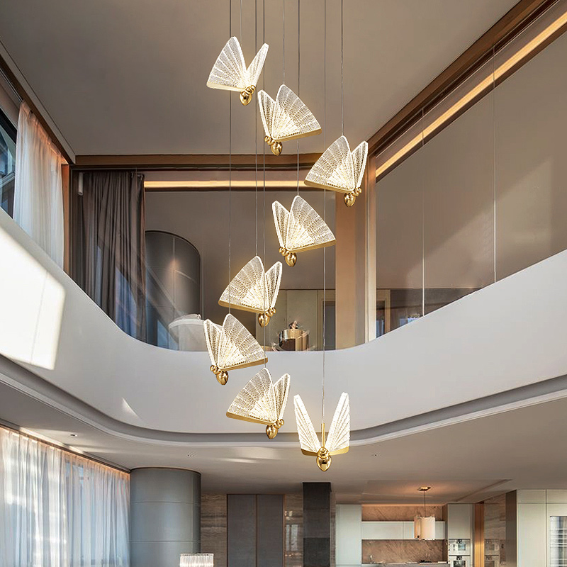 Acrylic Led Hanging Lamps Gold Transparency Butterfly Pendant Light Staircase Ceiling Chandelier
