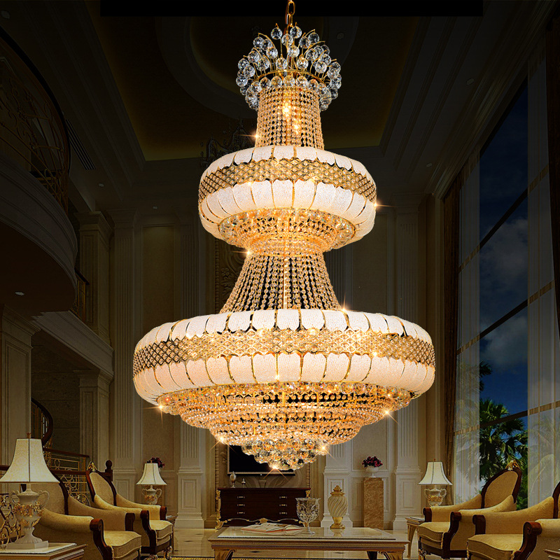 Luxury Golden Crystal Chandeliers for Hotels Villas and Sales Offices Opulent Duplex Design with Middle Sized Lamps