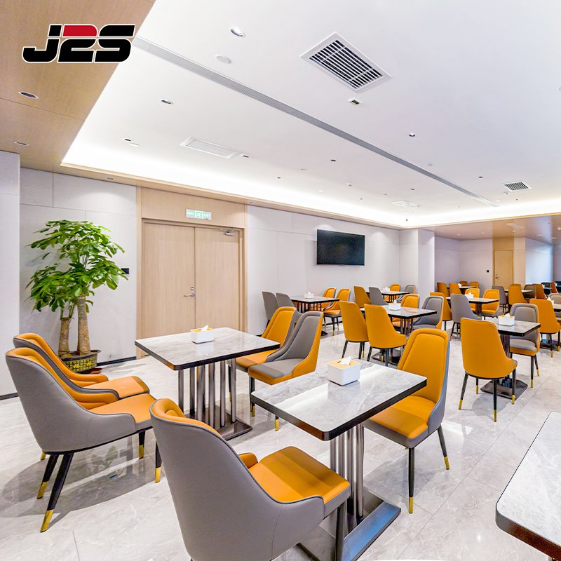 Luxury Commercial Restaurant Furniture Grey Orange Chair Marble Top Table Tubular Metal Base Hotel Buffet Lounge Area