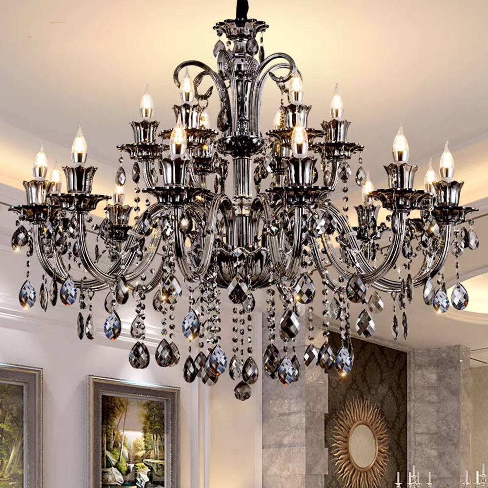Modern Luxury Crystal Gray LED Chandelier 8-Light E14 Bulb Base Adjustable Height for Home Office 3-Year Warranty
