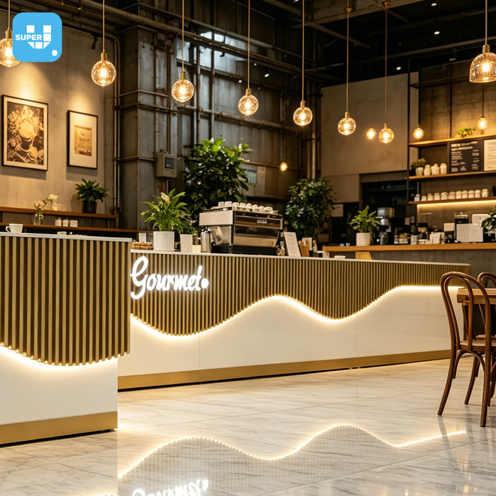 Custom Led Lighting Cafe Reception Counter Furniture Luxury Modern Wave Front Coffee Shop Bar Counter For Commercial Store