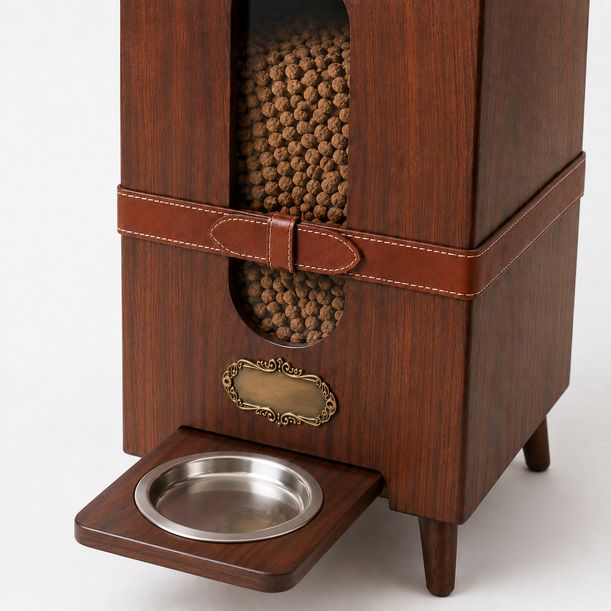 Modern Luxury Wooden Pet Feeder Cabinet with Food Storage | Walnut Pet Furniture | Leather Strap Decor | OEM Custom