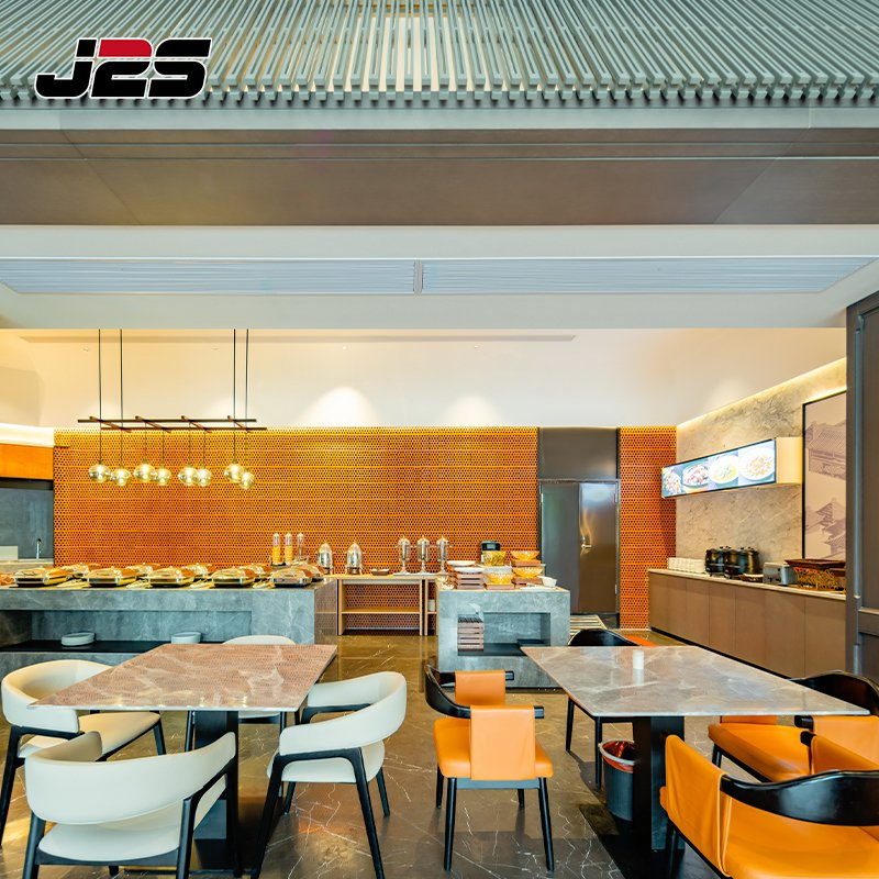 Commercial Restaurant Table and Chairs Furniture Marble Table Orange Chair Hotel Buffet Counter Area