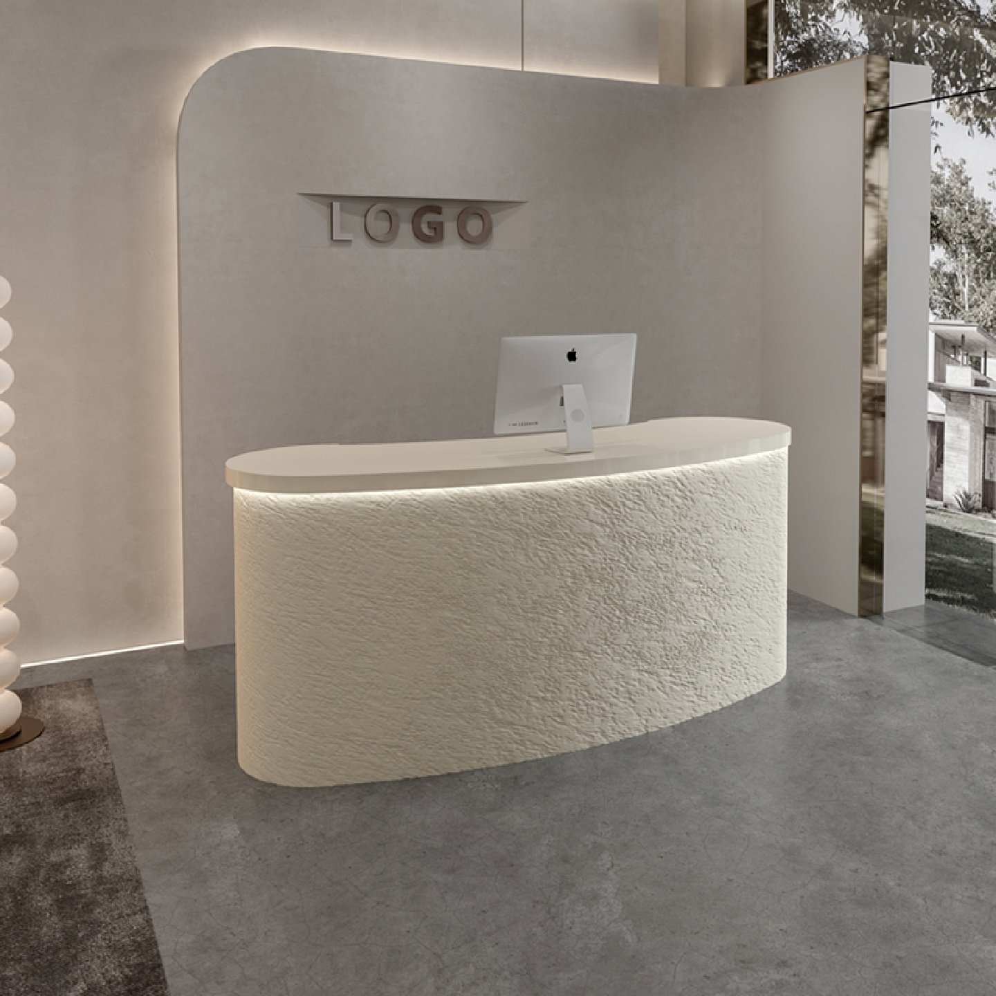 Curved Reception Counter for Cashier Clothing Store &amp; Beauty Salon Cream Color Cave Stone Front Desk