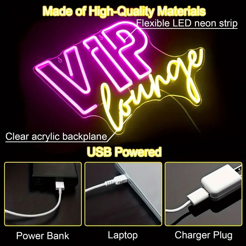 Custom VIP Lounge Neon Sign USB Powered LED Wall Light with Plastic Body for Bar, Club, Game Room, Personalized Neon Decoration