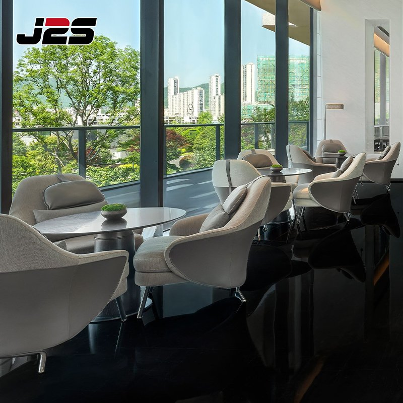 Contemporary Commercial Restaurant Furniture Grey Fabric Chair Rectangular Stone Table Solid Wood Leg Buffet Area