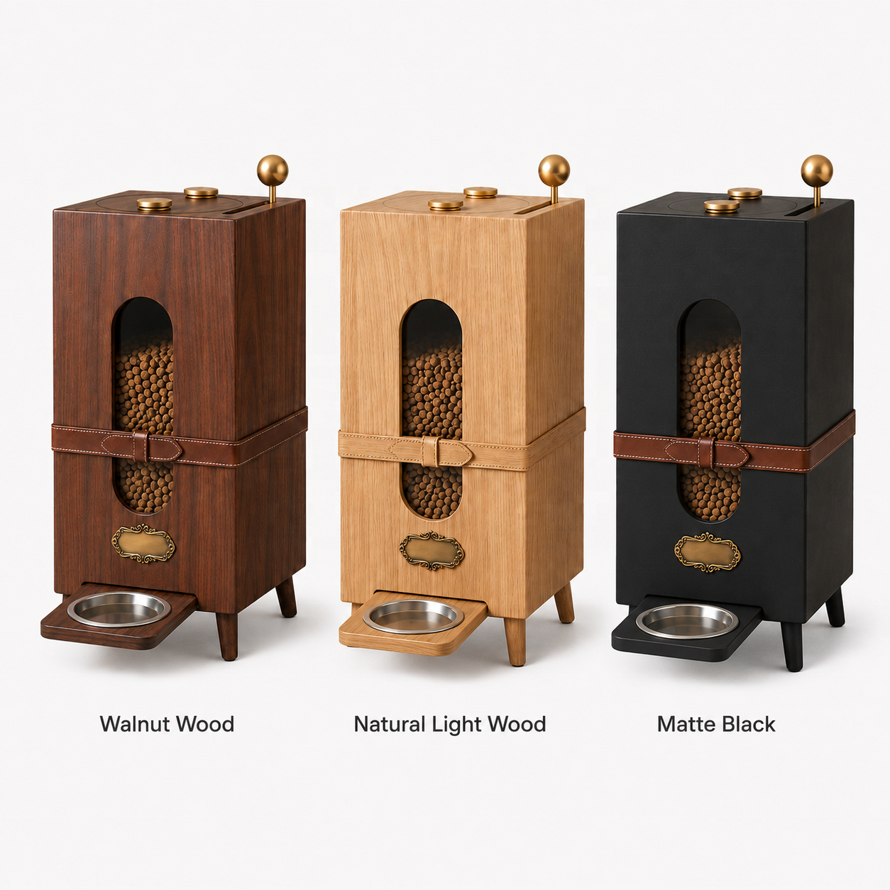 Modern Luxury Wooden Pet Feeder Cabinet with Food Storage | Walnut Pet Furniture | Leather Strap Decor | OEM Custom