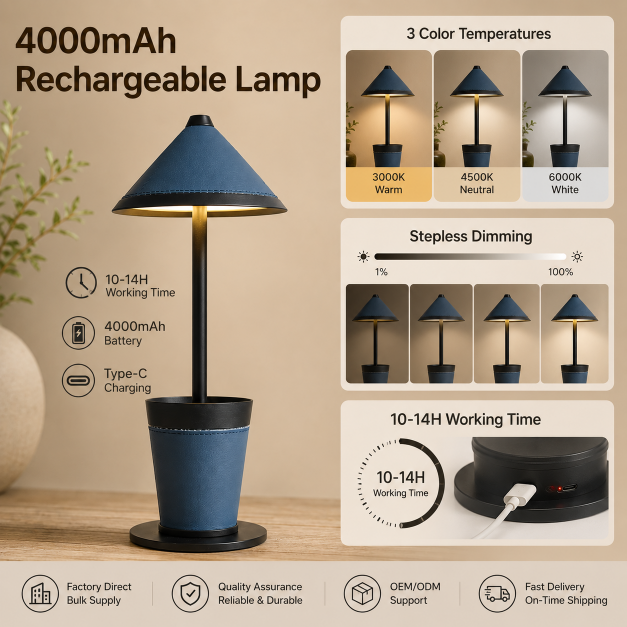 Wood 4000mAh Cordless LED Adjustable Table Lamp Rechargeable Touch Dimmable Cafe Bar Lounge Hotel Home Decor Wholesale