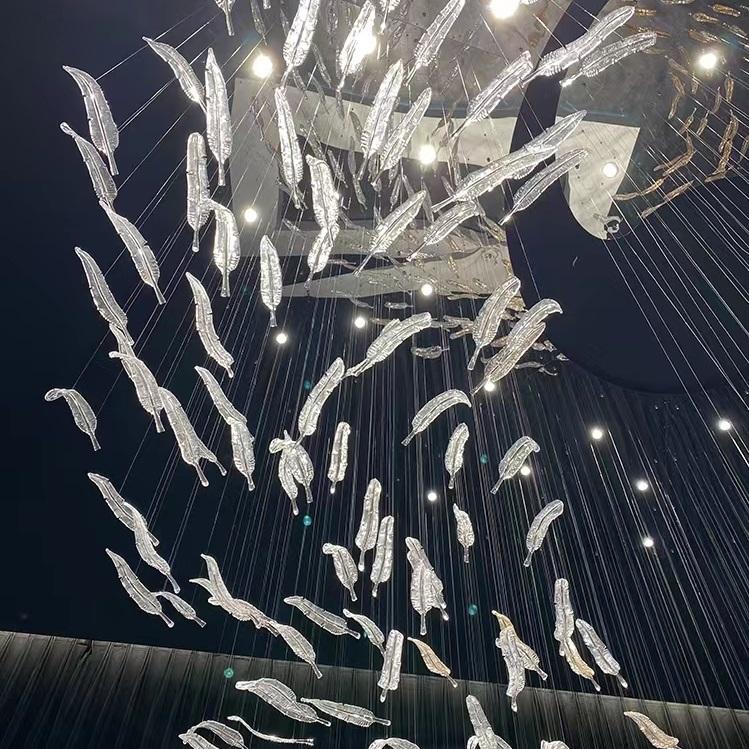 Custom Large Bar Chandelier for Luxury Hotels Lounges Square/Oval/Long Luxury LED Hanging Glass Floating Leaf Art Stair Ceiling