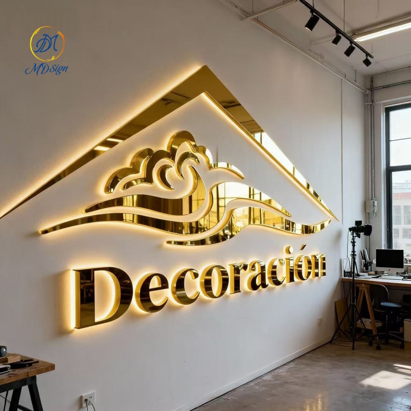 Custom Wall Reception logo Signage Acrylic Led 3D Channel Gold Backlit Letter Light up logo LED Illuminated Sign for Business
