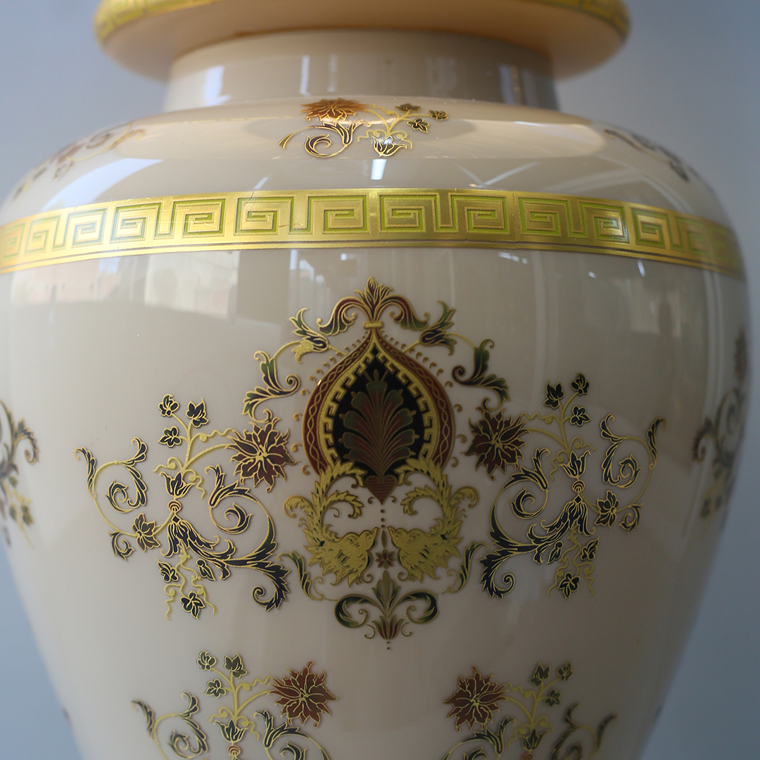 Traditional Glass Table Lamp with White Fabric Drum Shade E27 LED Warm Light Bedroom Decorative Lamp