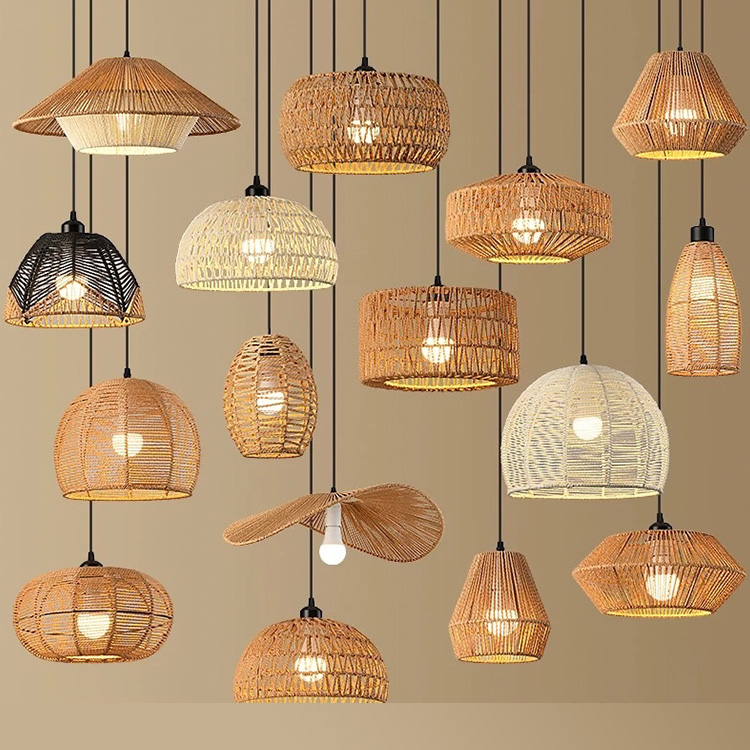 Modern Handmade Wicker Rattan Bamboo Wooden Shade Hanging Ceiling Lamp Retro Lighting for Home Woven Chandelier Pendant Light