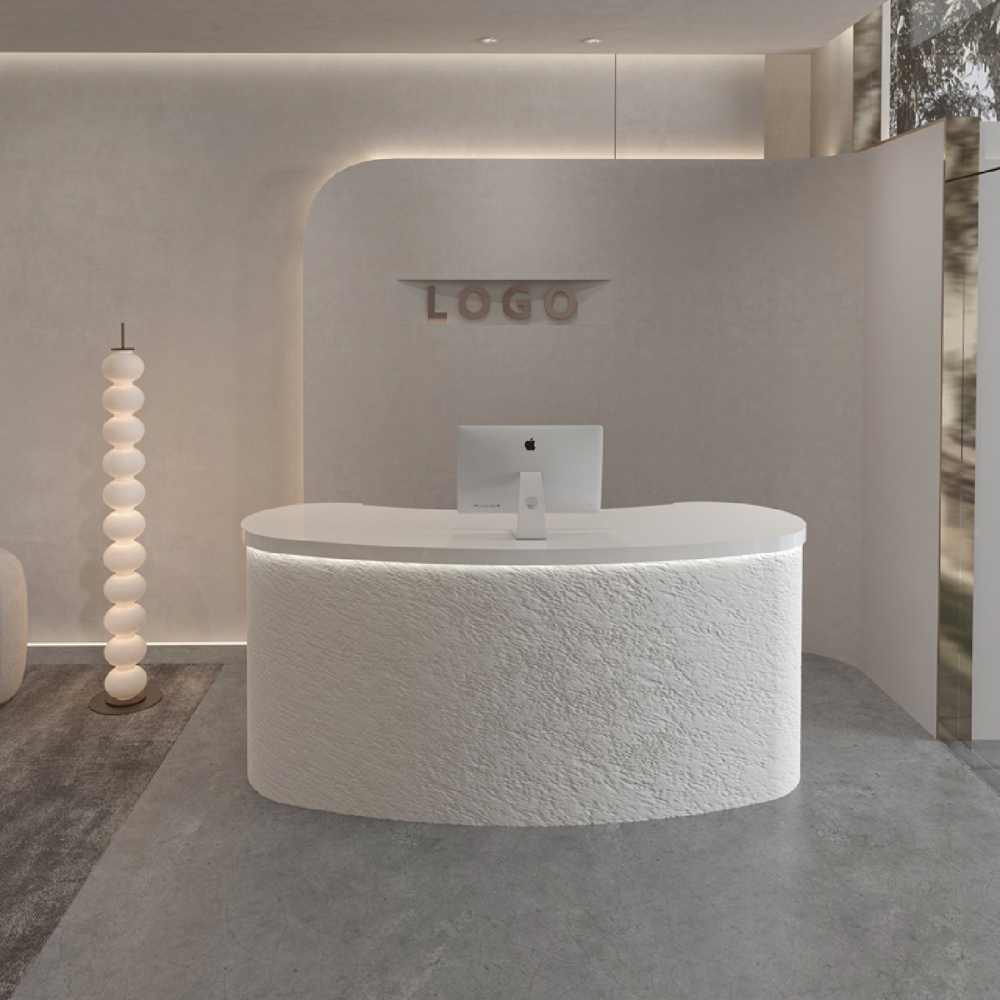 Curved Reception Counter for Cashier Clothing Store &amp; Beauty Salon Cream Color Cave Stone Front Desk