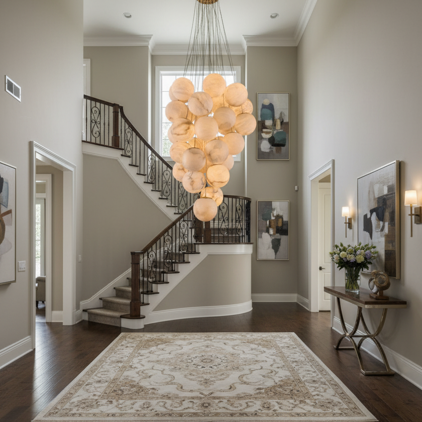 Cluster Alabaster Globe Chandelier Luxury Decorative Lighting Fixture For Hotel Villa Staircase Lobby Modern Wholesale