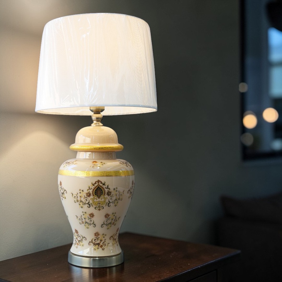 Traditional Glass Table Lamp with White Fabric Drum Shade E27 LED Warm Light Bedroom Decorative Lamp
