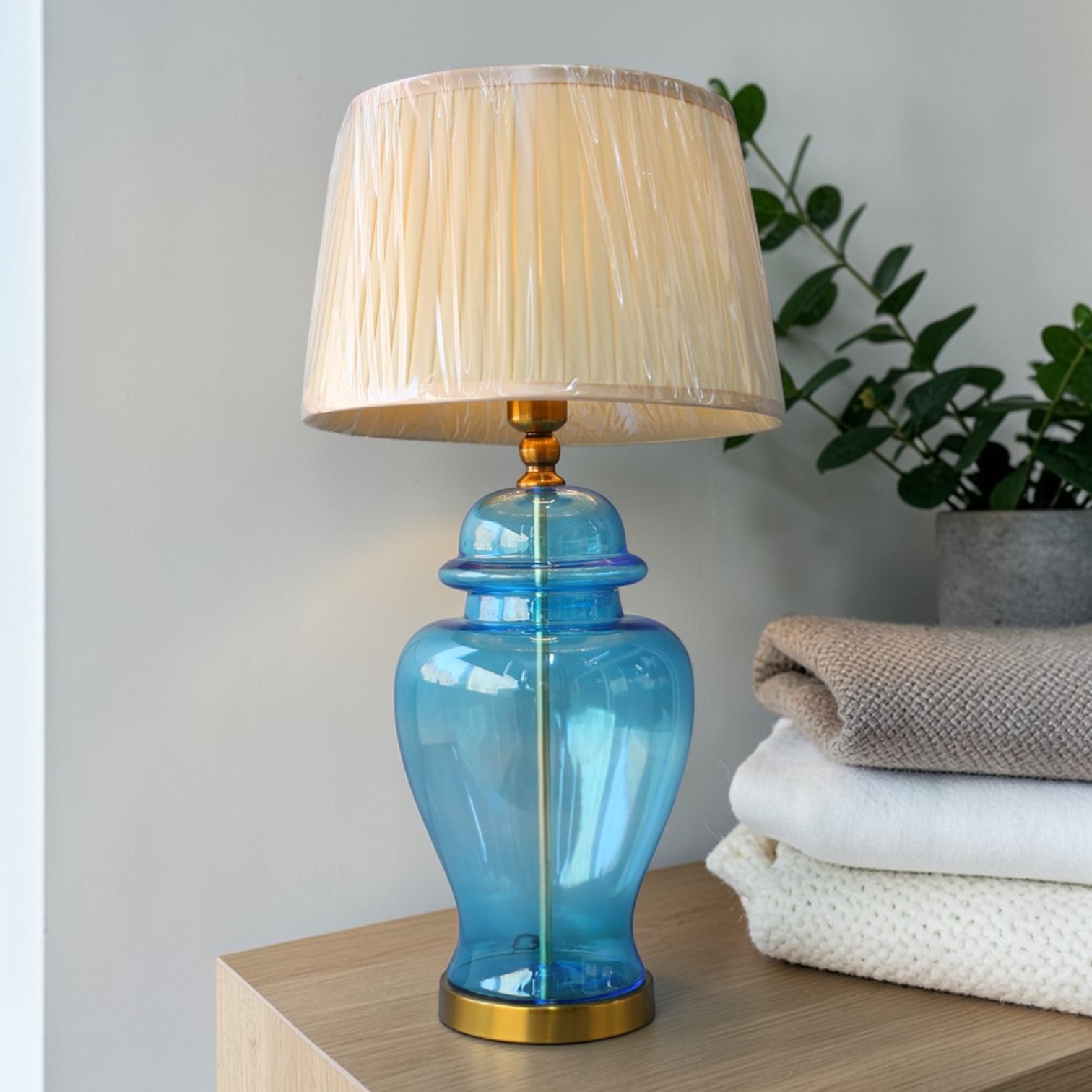 Blue Glass Table Lamp Beige Fabric Drum Shade Traditional Decorative Living Room Lighting E27 LED AC 110V Switch Control
