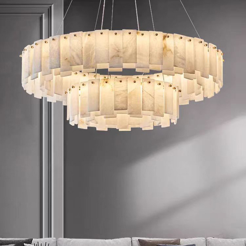 Contemporary Luxury Decor Hanging Light Natural Marble Alabaster Light Large Chandelier Ring Rectangular Pendant Light