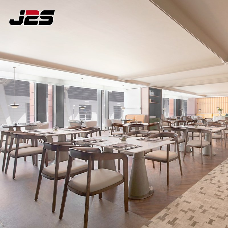 Upscale Commercial Restaurant Furniture Brown Leather Wood Armchair Square Marble Table Buffet Area Project