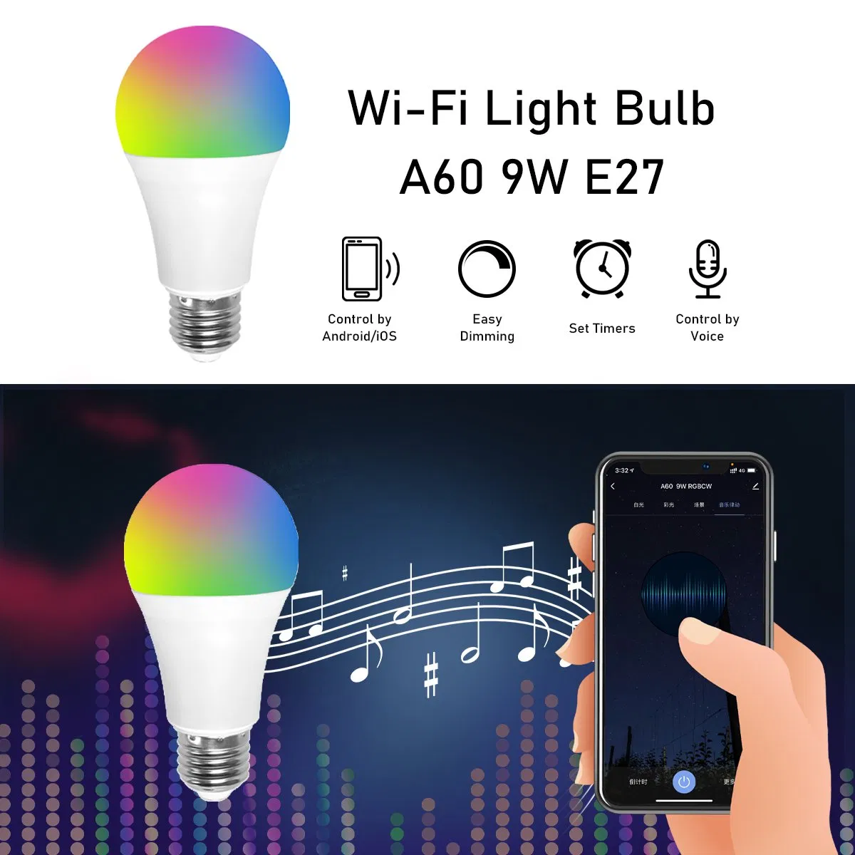 Amazon WiFi Tuya Smart Bulb Light A60 9W E27 E26 B22 RGB Colorful LED Lamp with Alexa and Google Home for Decoration Indoor Lighting with CE RoHS ERP Approval