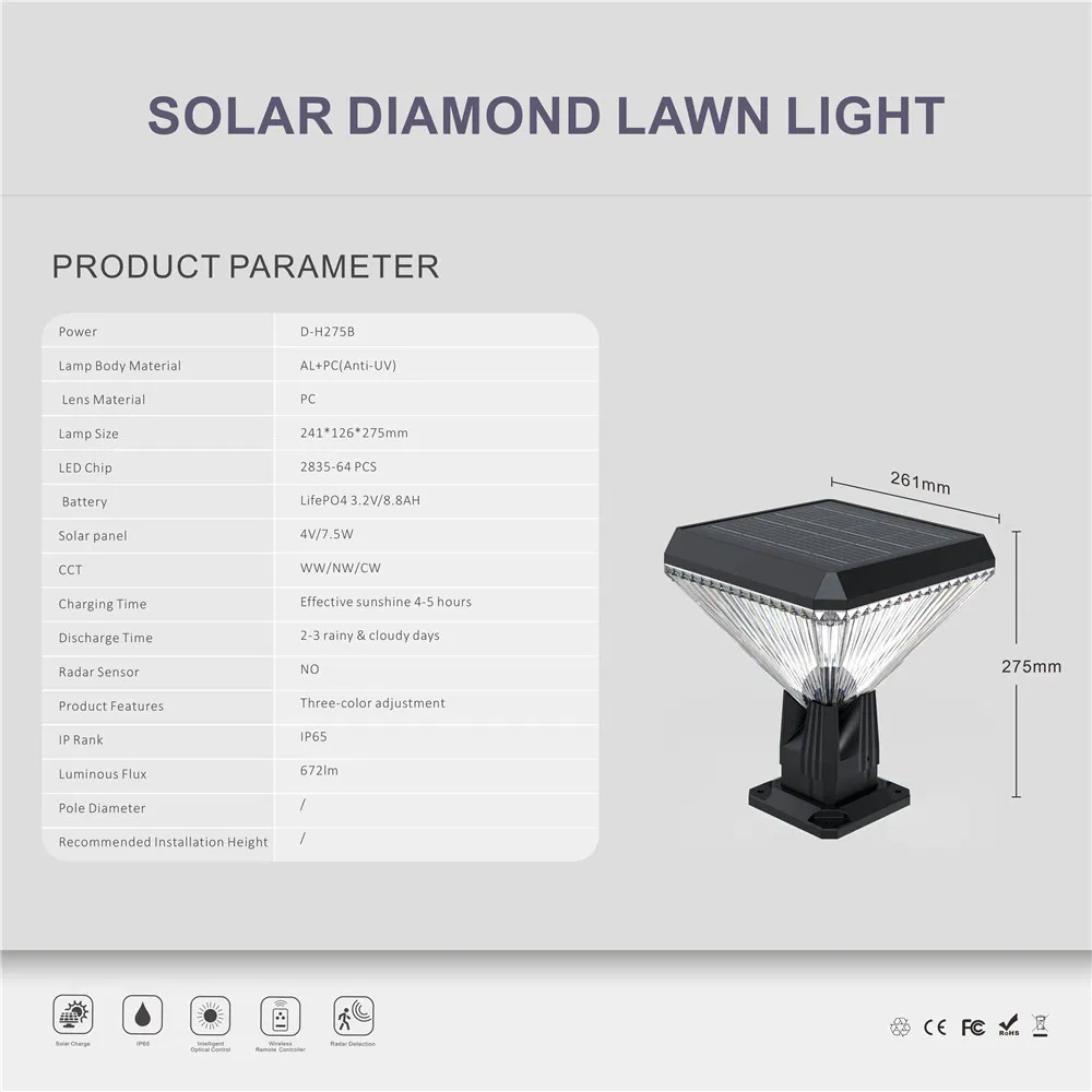 780mm Height IP65 Super Bright Outdoor Path Garden Bollard Light Mj-dB780 Diamond LED Solar Lawn Light