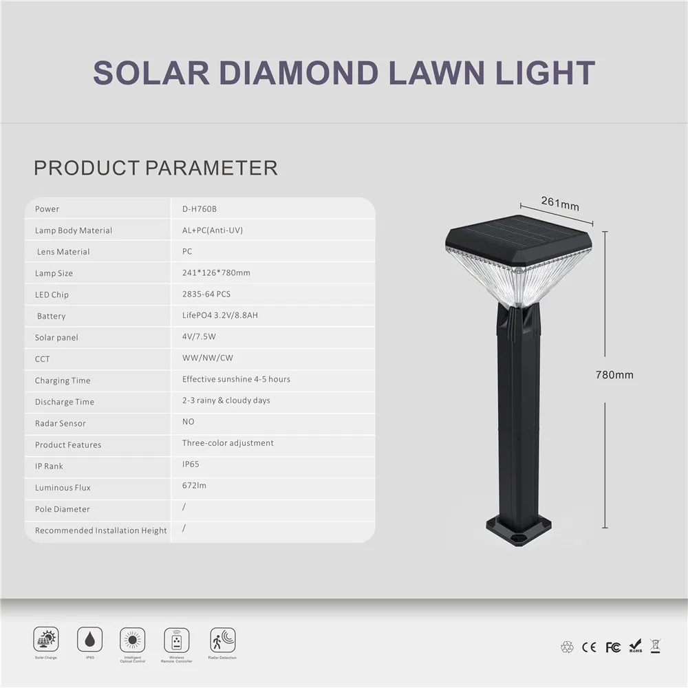 780mm Height IP65 Super Bright Outdoor Path Garden Bollard Light Mj-dB780 Diamond LED Solar Lawn Light