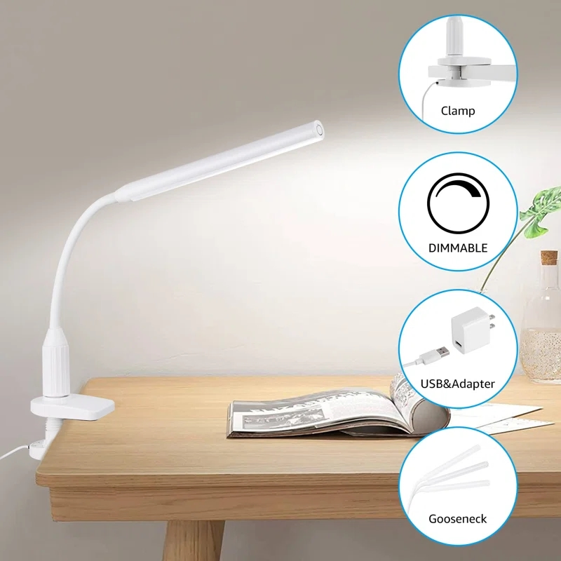 LED Desk Lamp with Clamp, Eye-Caring Clip on Lights for Home Office, Flexible Gooseneck, Metal, Swing Arm Architect Task Table Lamps