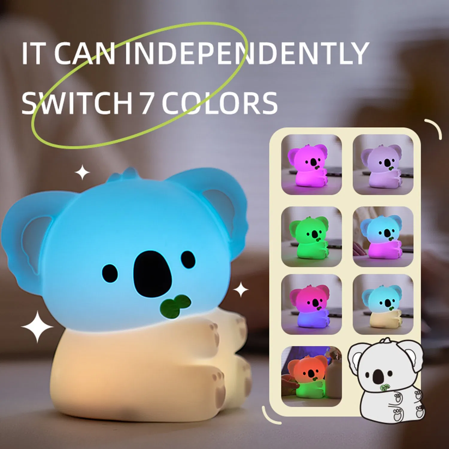 Koala Night Light, 7 Colors Dimmable Bedside Lamp, Touch Control Night Lamp with Timer for Kids Adults, Used for Camping Party Room Decor