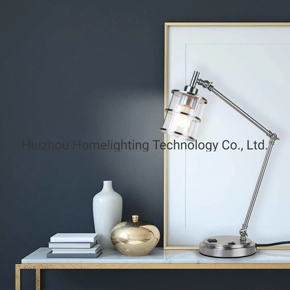 Jlt-Ht10 Ribbed Cleat Glass Shade Adjustable Task Desk Lamp with Power Outlet on Base