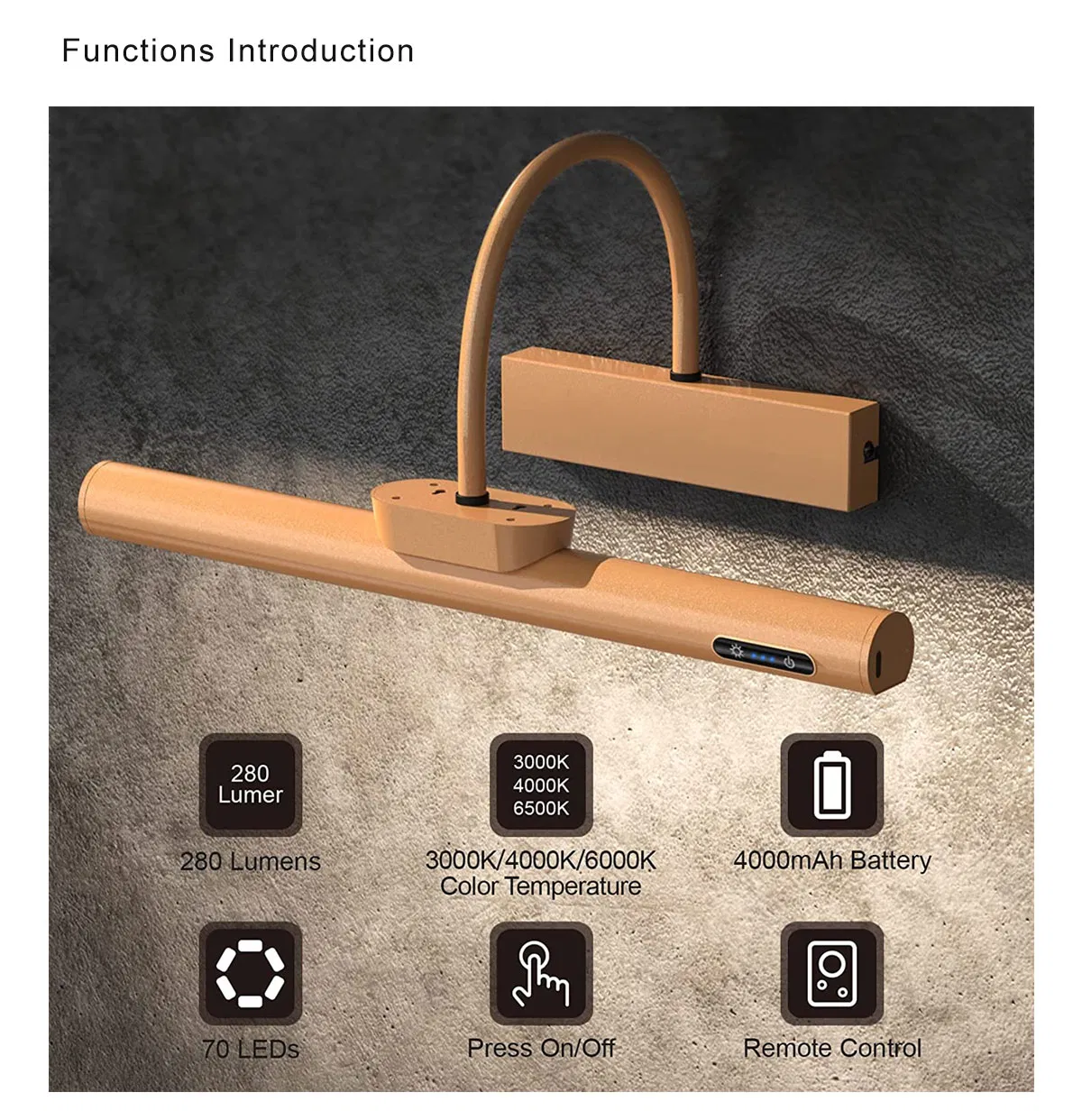 Battery Operated Picture Light with Touch Remote Control, Dimmable LED Art Light