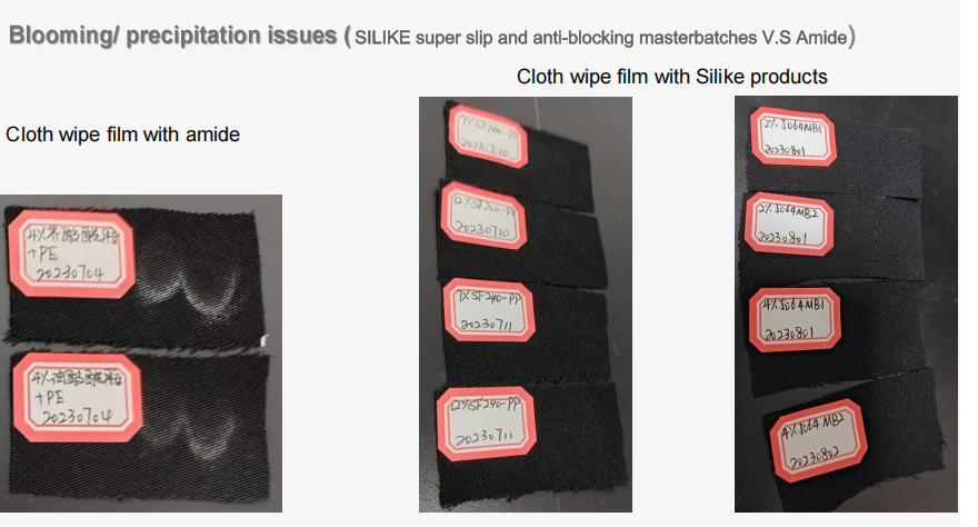 Black cloths after wiping films containing amide slip agents or SILIKE additives, showing more visible white residue on the amide samples.