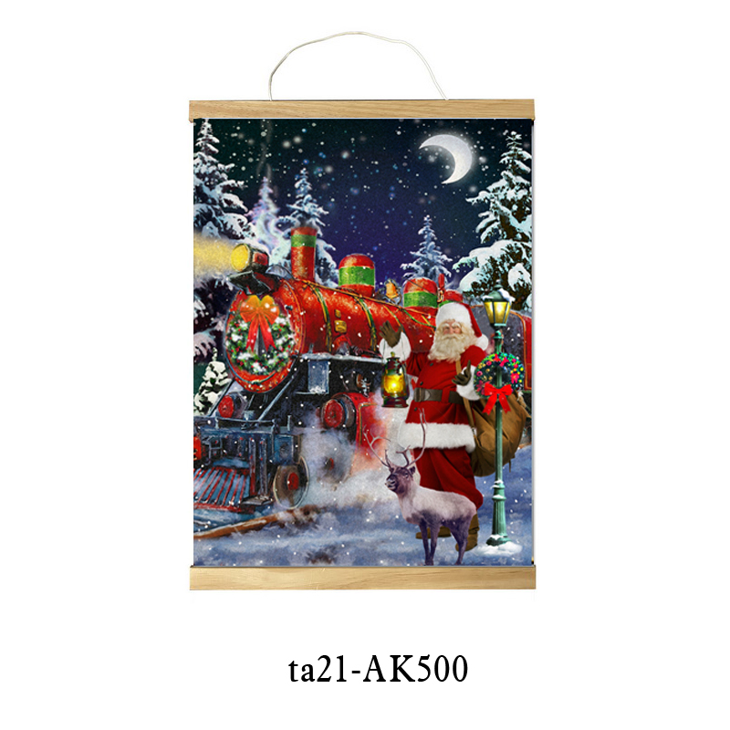 Christmas Tree and Red Kerosene Lamp Print Decoration Scroll Hanging Picture with Stick