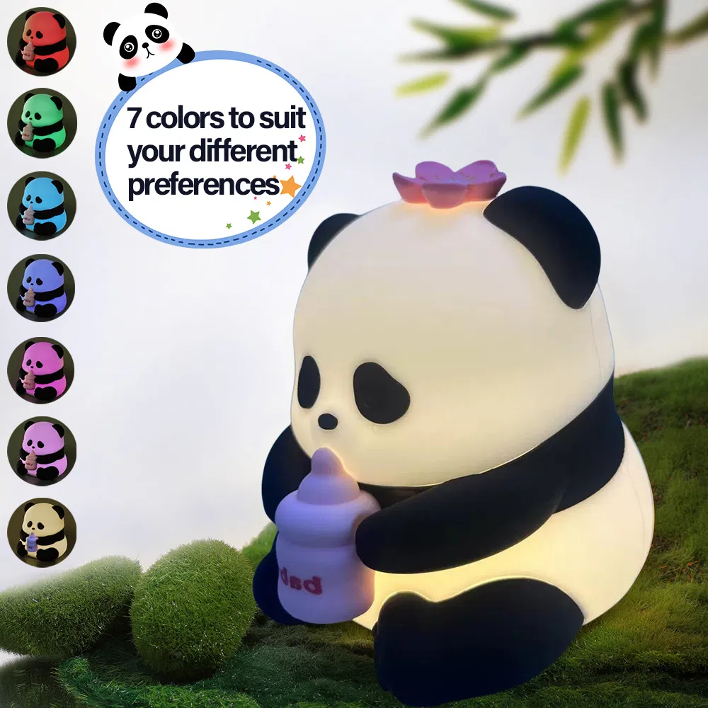 LED Cute Panda Night Light with 7 Colors, Dimmable Timer Nursery Panda Lamps, Super Squishy Silicone USB Rechargeable Touch Control Night Lamp