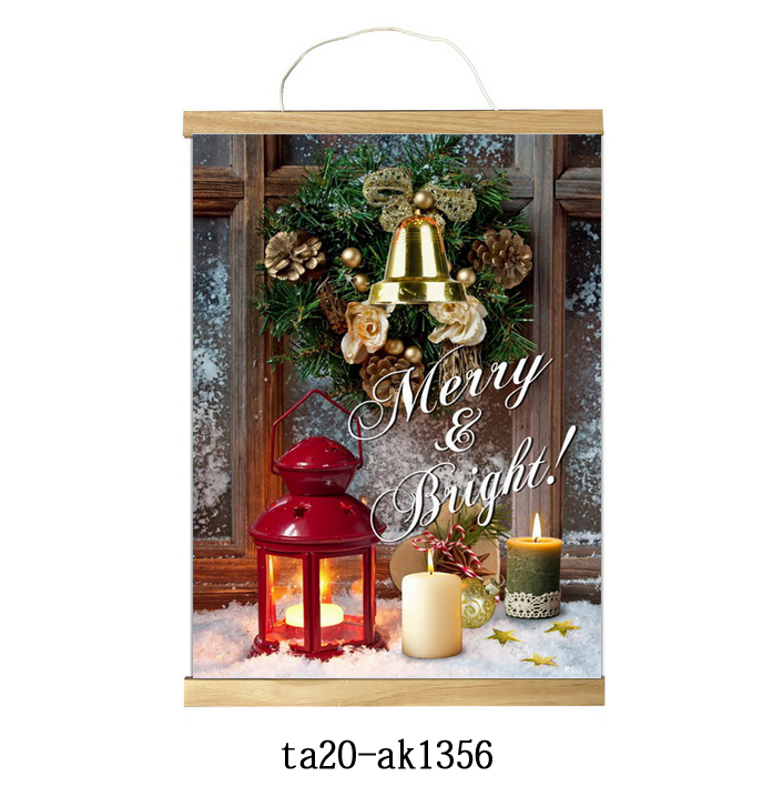 Christmas Tree and Red Kerosene Lamp Print Decoration Scroll Hanging Picture with Stick
