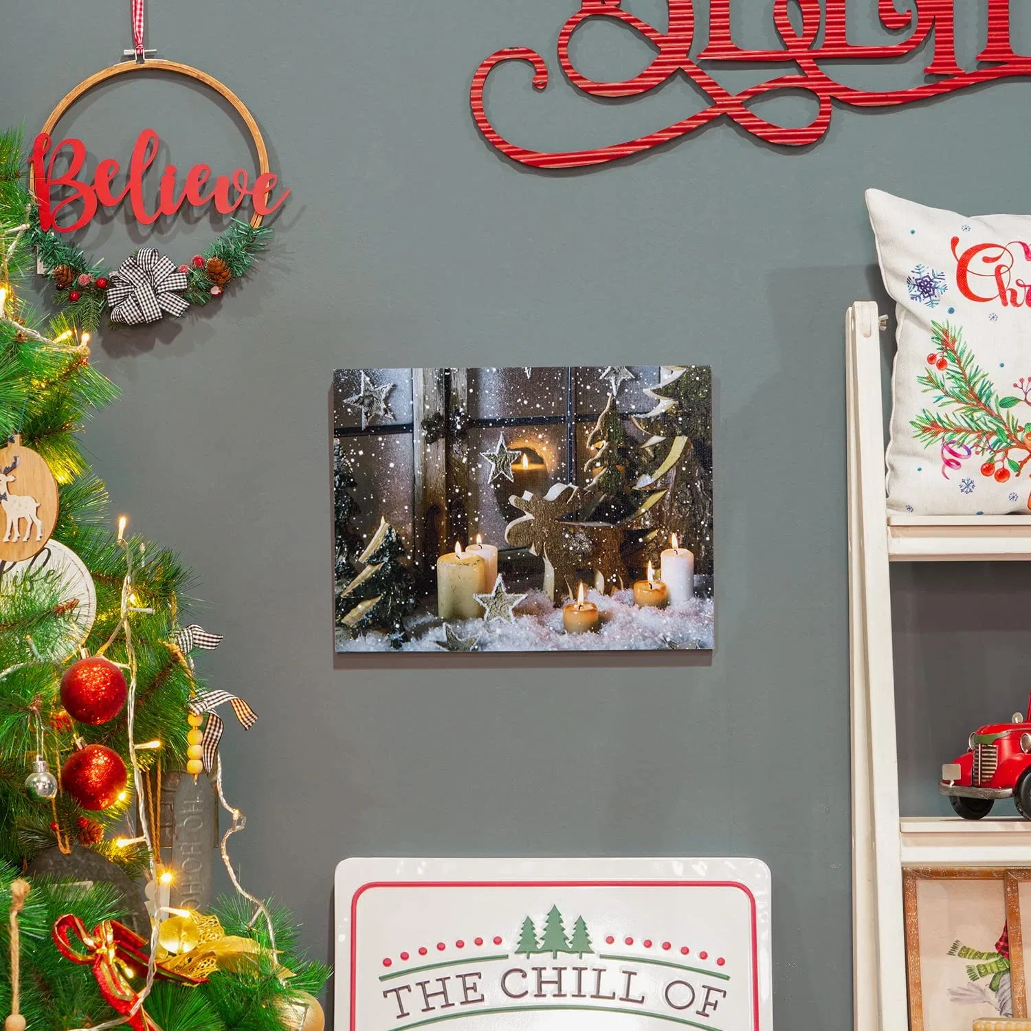 Home Lighted Christmas Canvas Wall Art Candles Picture Winter Snow Scene for Holiday Decor