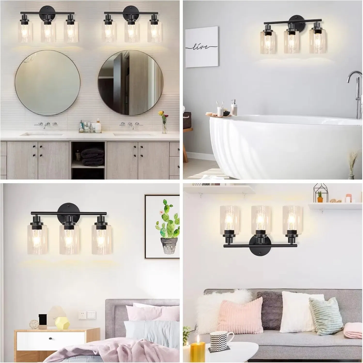 Bathroom Light Fixtures Black Vanity Lamp 3 Light Wall Sconces Lighting Bathroom Lights with Clear Glass Shades Bath Wall Lights