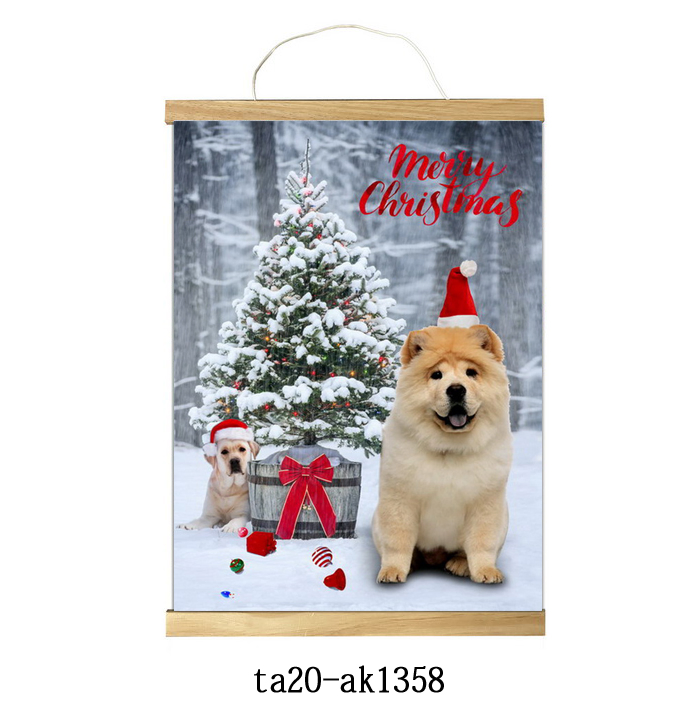 Christmas Tree and Red Kerosene Lamp Print Decoration Scroll Hanging Picture with Stick