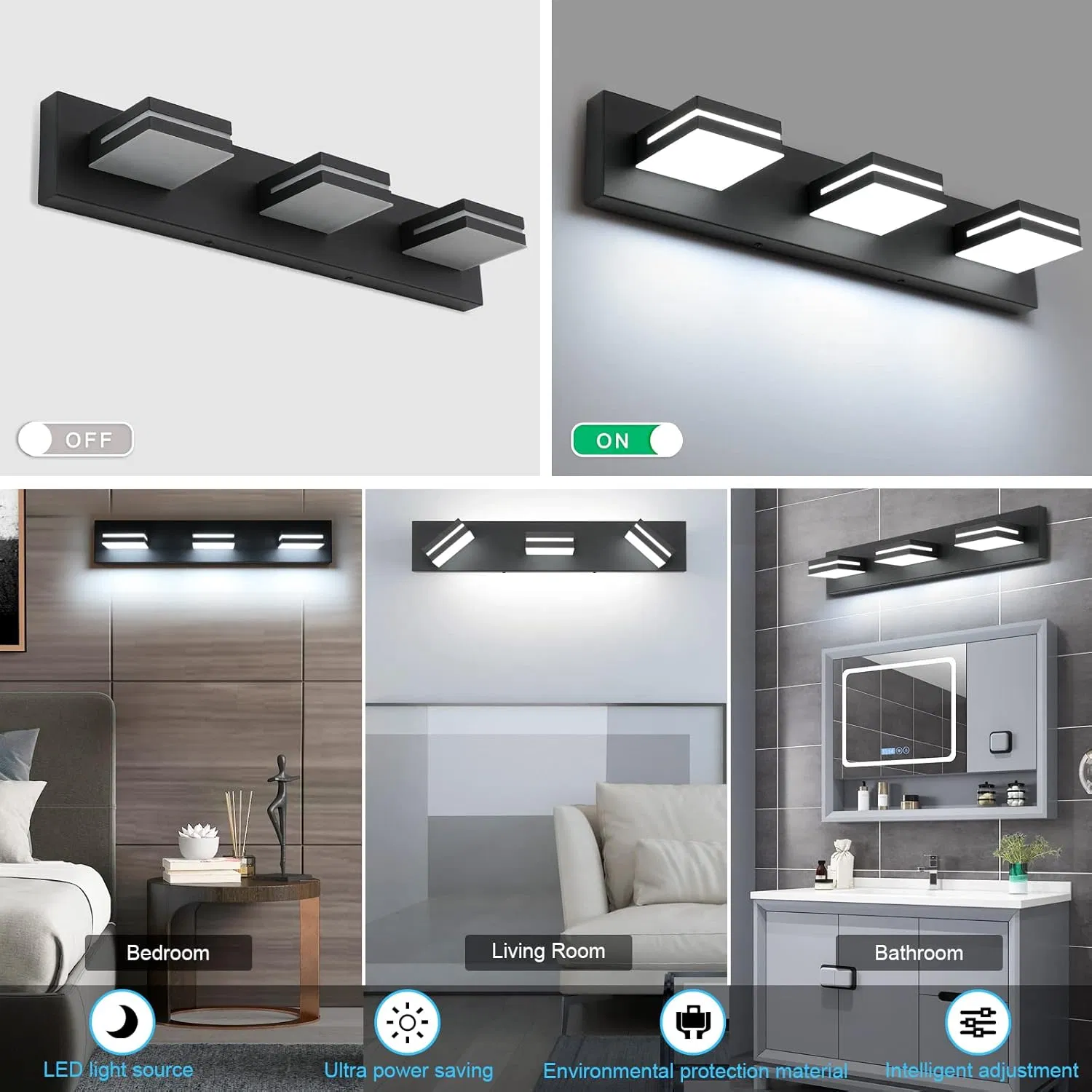 Matte Black Modern Acrylic Bathroom Wall Lighting Fixtures. LED Modern Bathroom Vanity Mirror Lights.