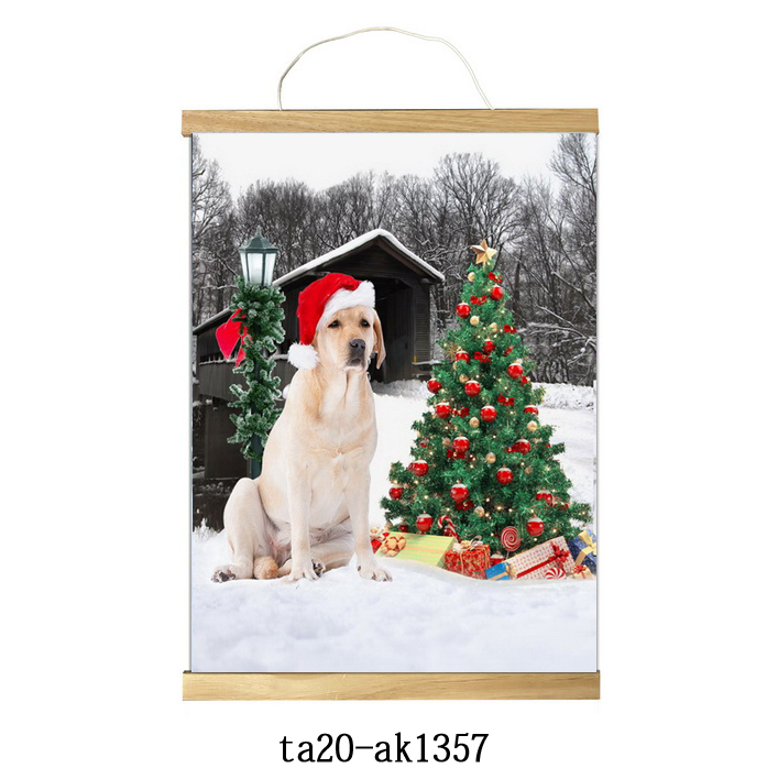 Christmas Tree and Red Kerosene Lamp Print Decoration Scroll Hanging Picture with Stick