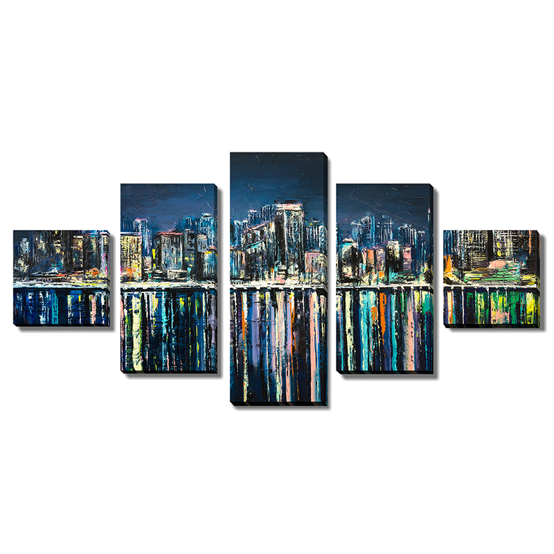 5 Panel Canvas Wall Art Set Oil Painting Modern Home Room Decor Printing Abstract Landscape City Building Frame Picture