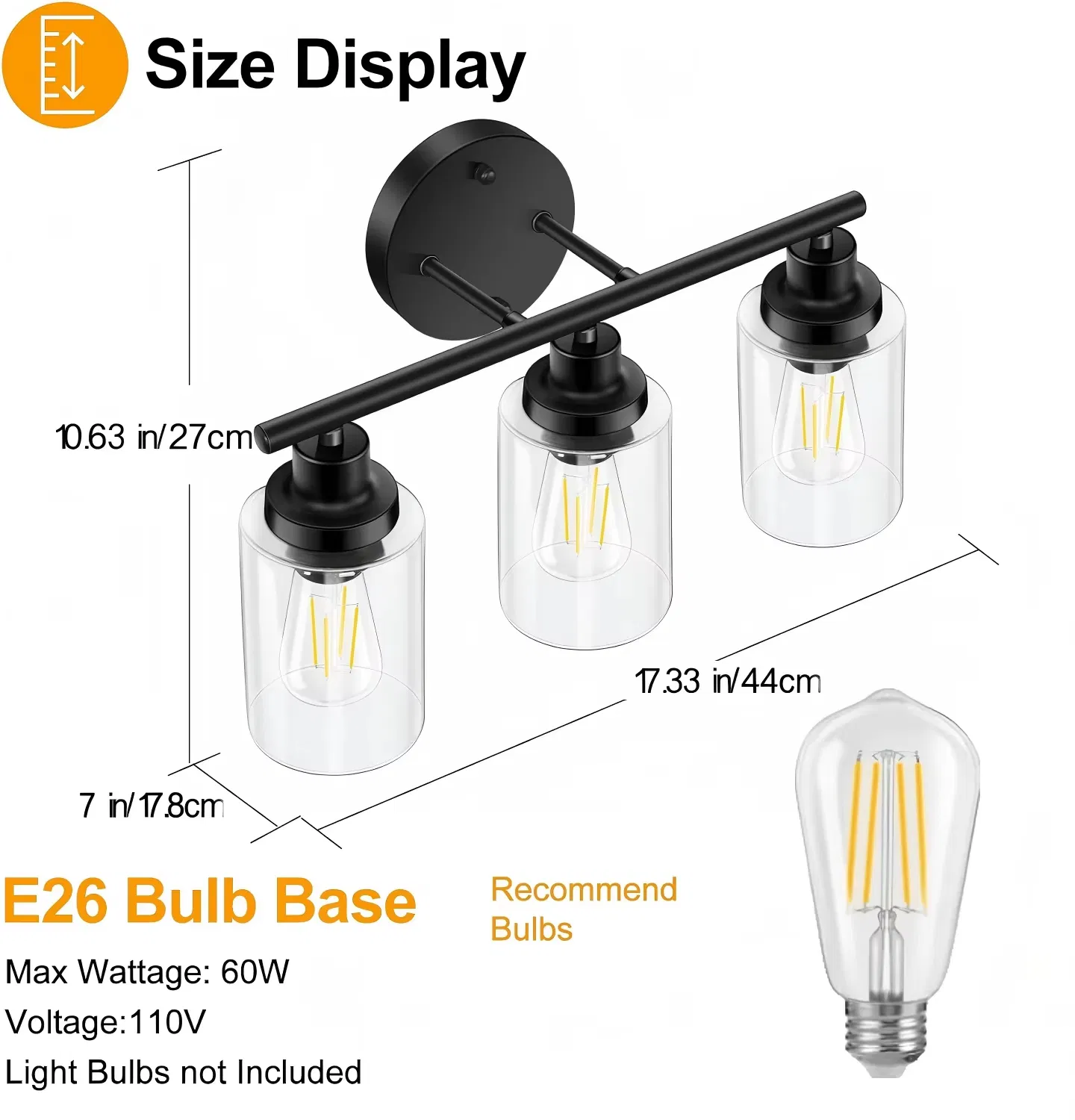 Bathroom Light Fixtures Black Vanity Lamp 3 Light Wall Sconces Lighting Bathroom Lights with Clear Glass Shades Bath Wall Lights