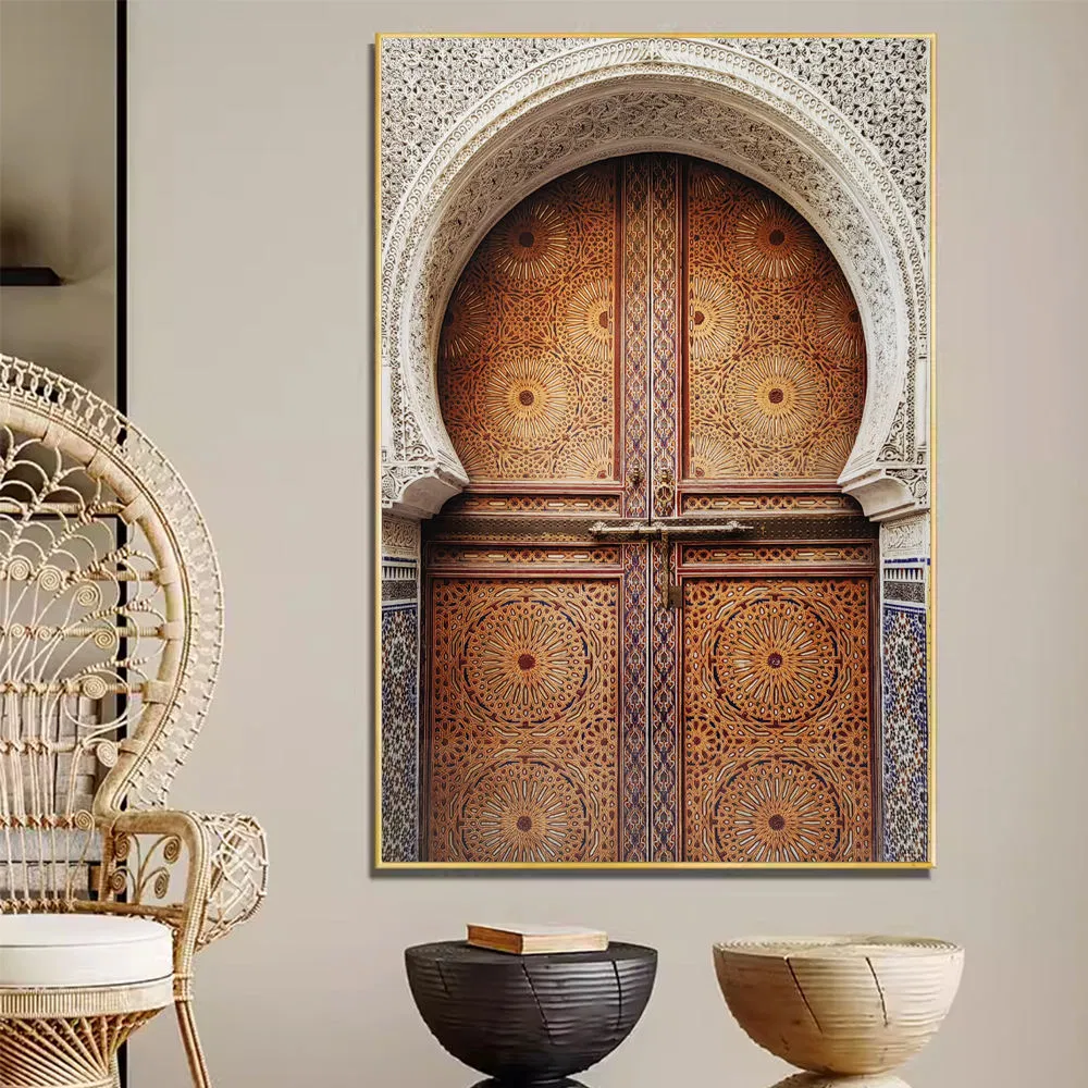 Traditional Moroccan Style Old Wooden Doors Islamic Architecture Vintage Canvas Wall Prints Picture for Living Room Home Decor