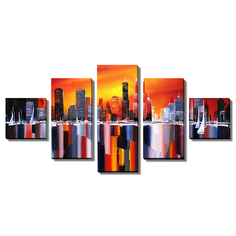 5 Panel Canvas Wall Art Set Oil Painting Modern Home Room Decor Printing Abstract Landscape City Building Frame Picture