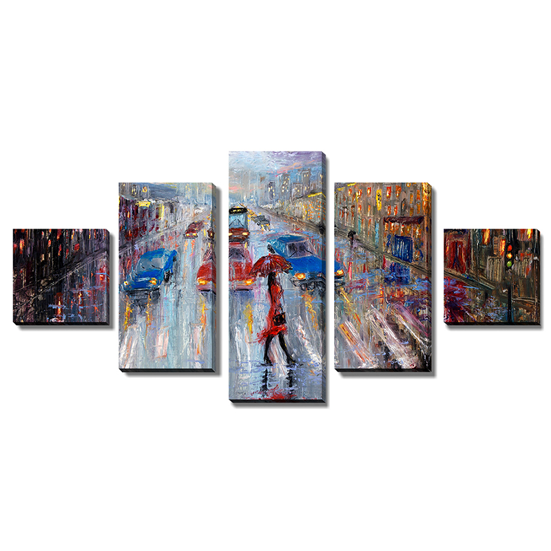 5 Panel Canvas Wall Art Set Oil Painting Modern Home Room Decor Printing Abstract Landscape City Building Frame Picture