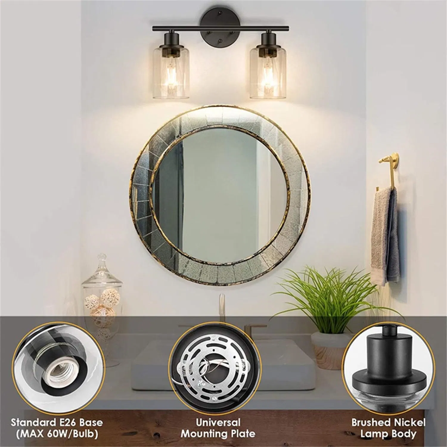 Modern Clear Glass Black Wall Lamps Vanity Mirror with LED Light Bathroom Light Vanity Light