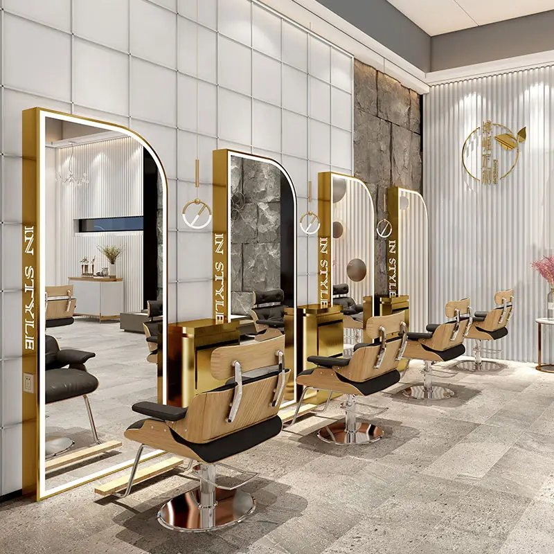 Unique Design Beauty Hair Salon Double Sided Styling Mirror Gold Frame Large Barber Station with LED Light