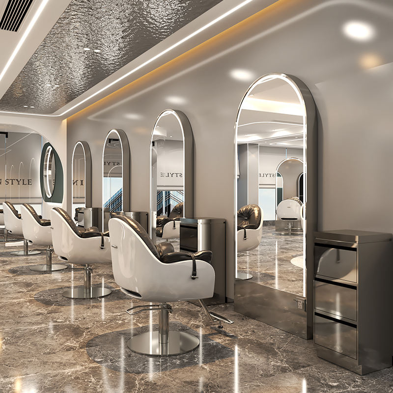 Salon Furniture Barbershop LED Mirror Station Double Sided Floor-to-Ceiling Mirror